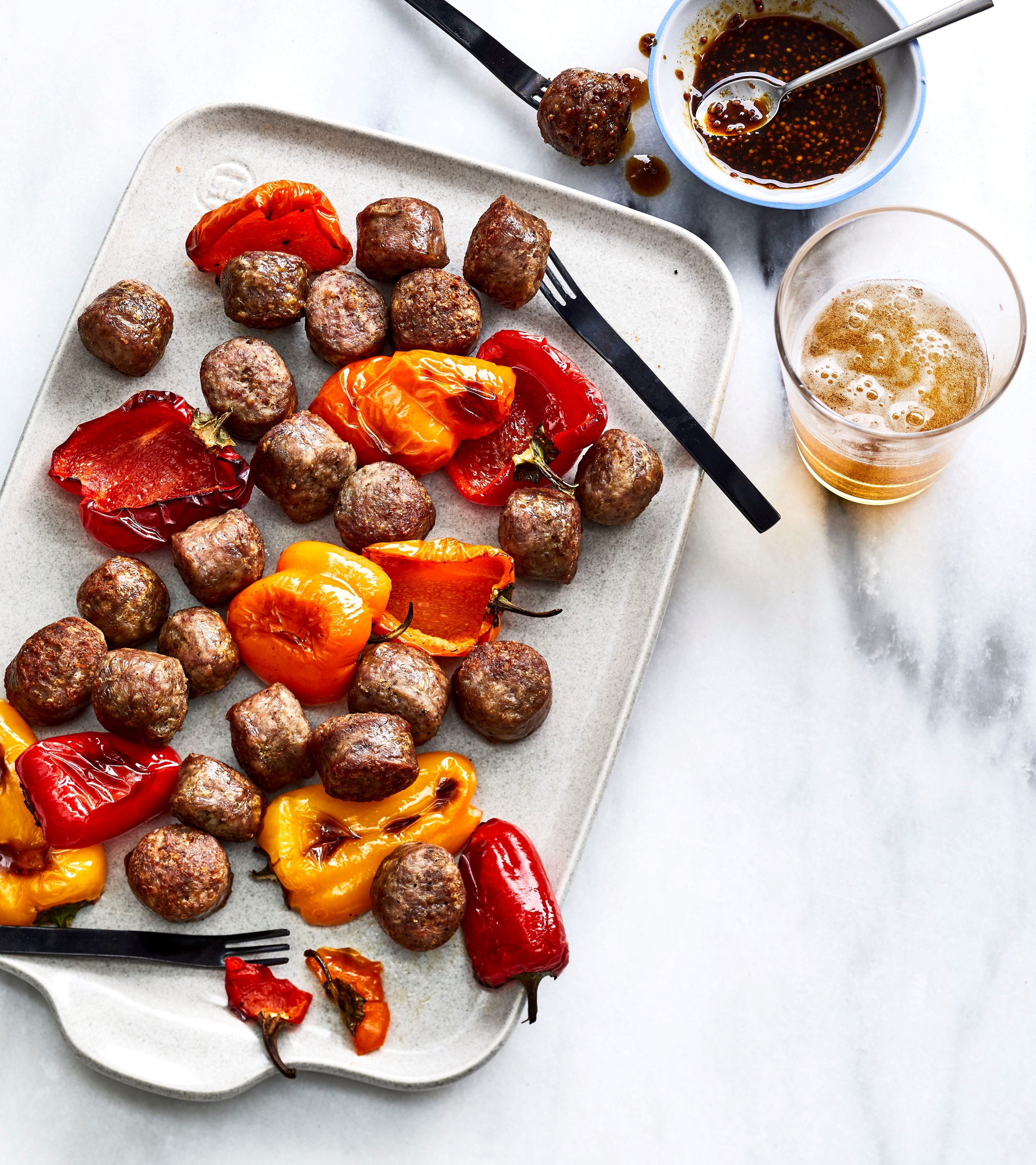 Air-Fried Bratwurst Bites with Spicy Beer Mustard