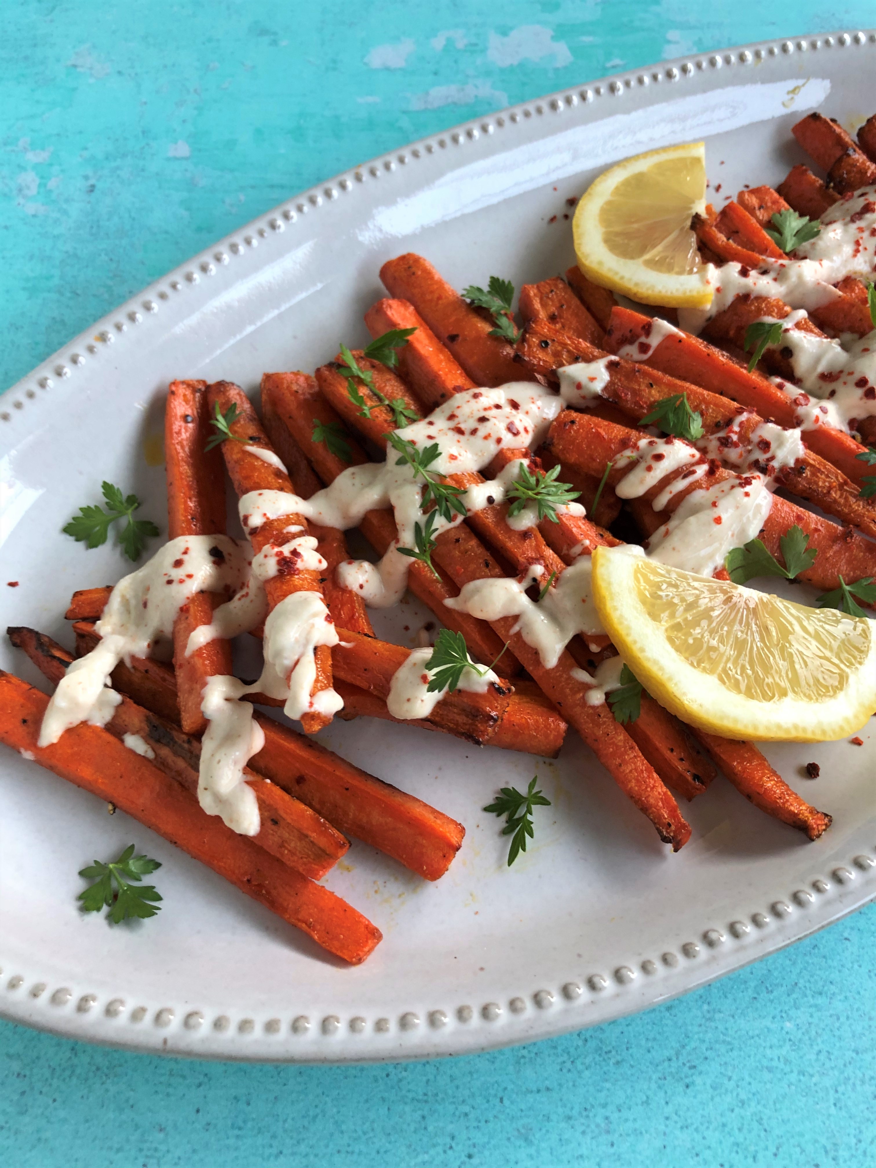 Air-Fried Carrots with Tahini-Lemon Sauce