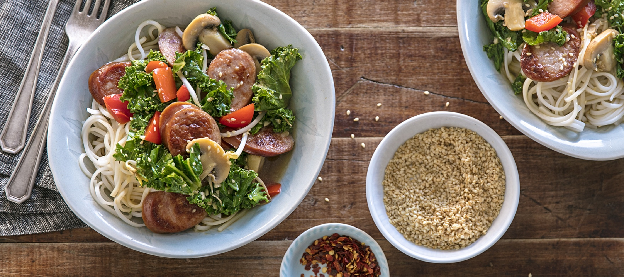Asian Noodle Bowl with Sausage and Kale