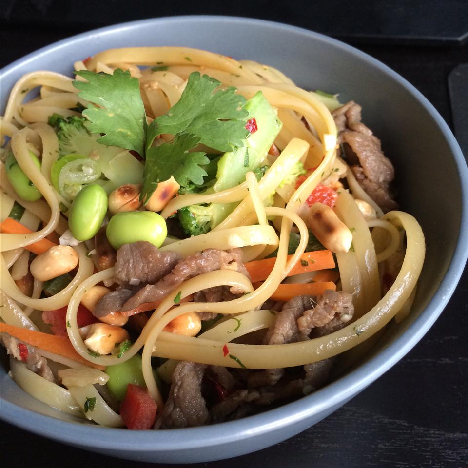 Asian Pasta Salad with Beef, Broccoli and Bean Sprouts