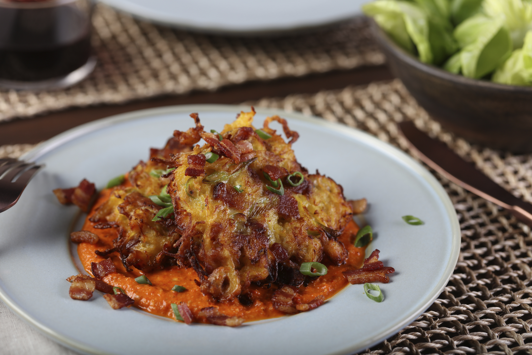 Bacon and Spaghetti Squash Fritters with Roasted Red Pepper Sauce