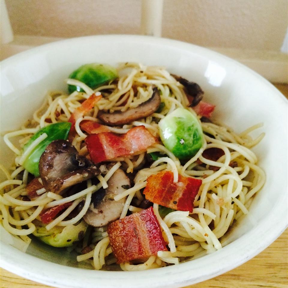 Bacon, Brussels Sprouts, and Mushroom Linguine