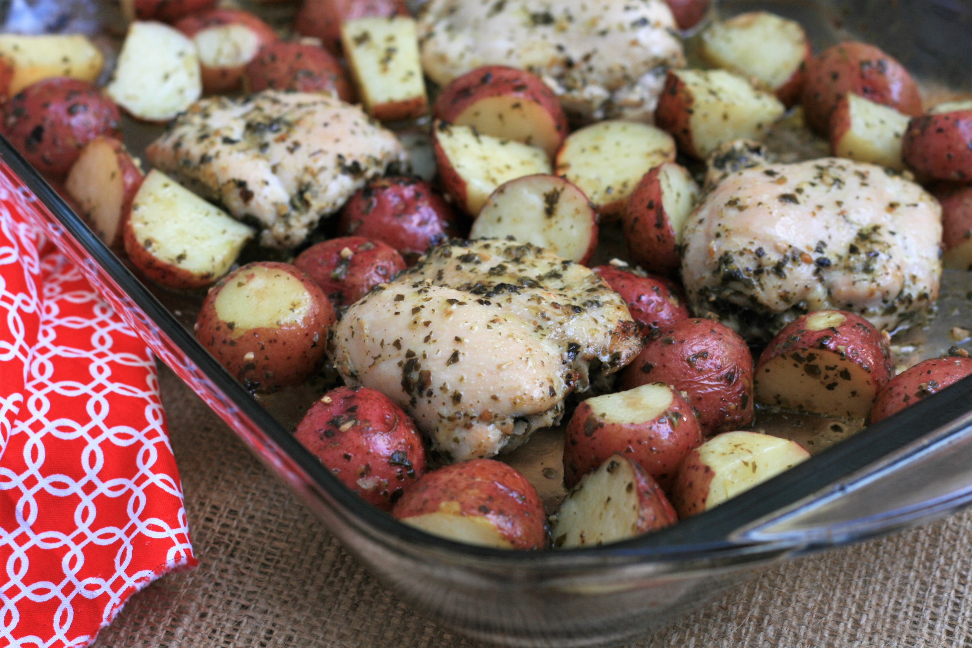 Baked Pesto Chicken Thighs and Potatoes