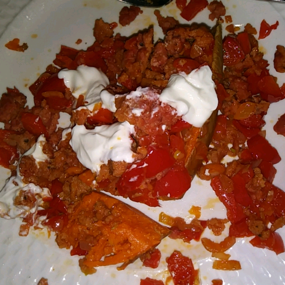 Baked Sweet Potato with Onions and Red Peppers