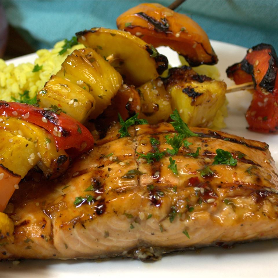 BBQ Salmon and Fruit Skewers