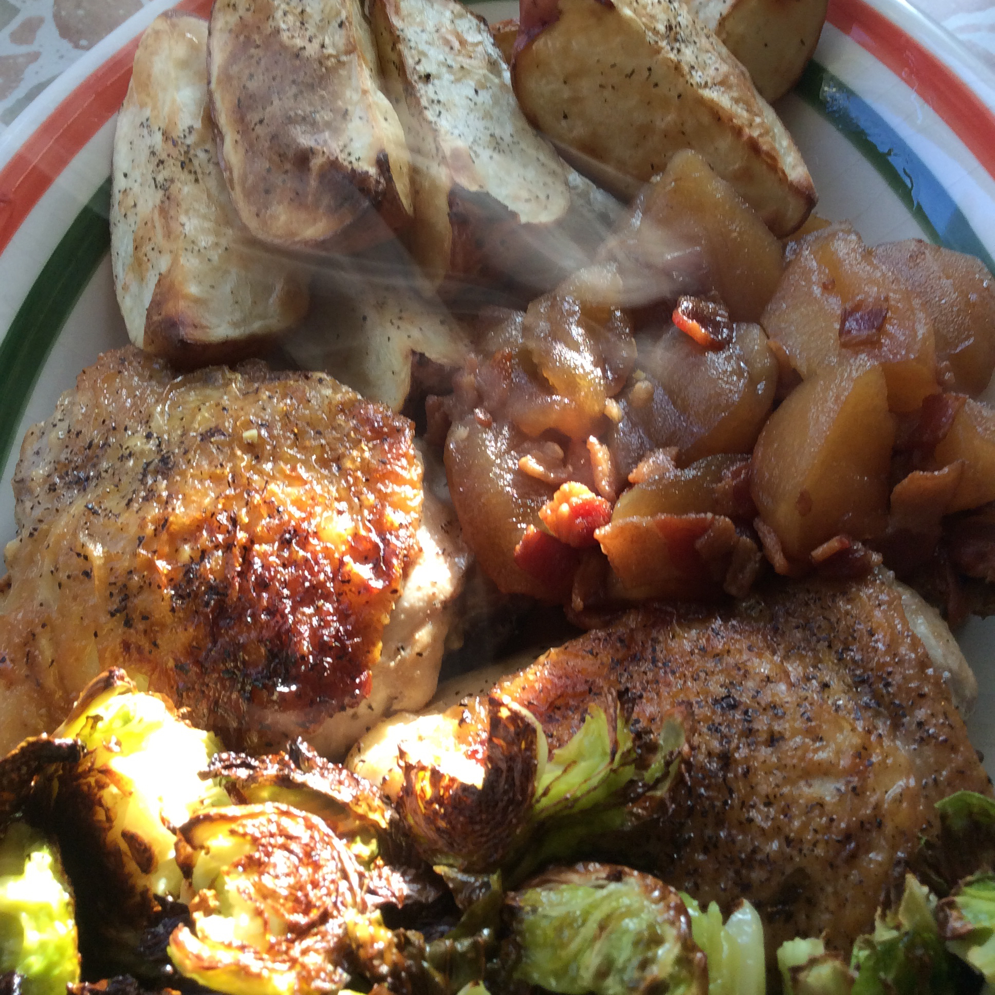 Braised Chicken Thighs with Apples, Bacon Chutney, and Roasted Red Potatoes