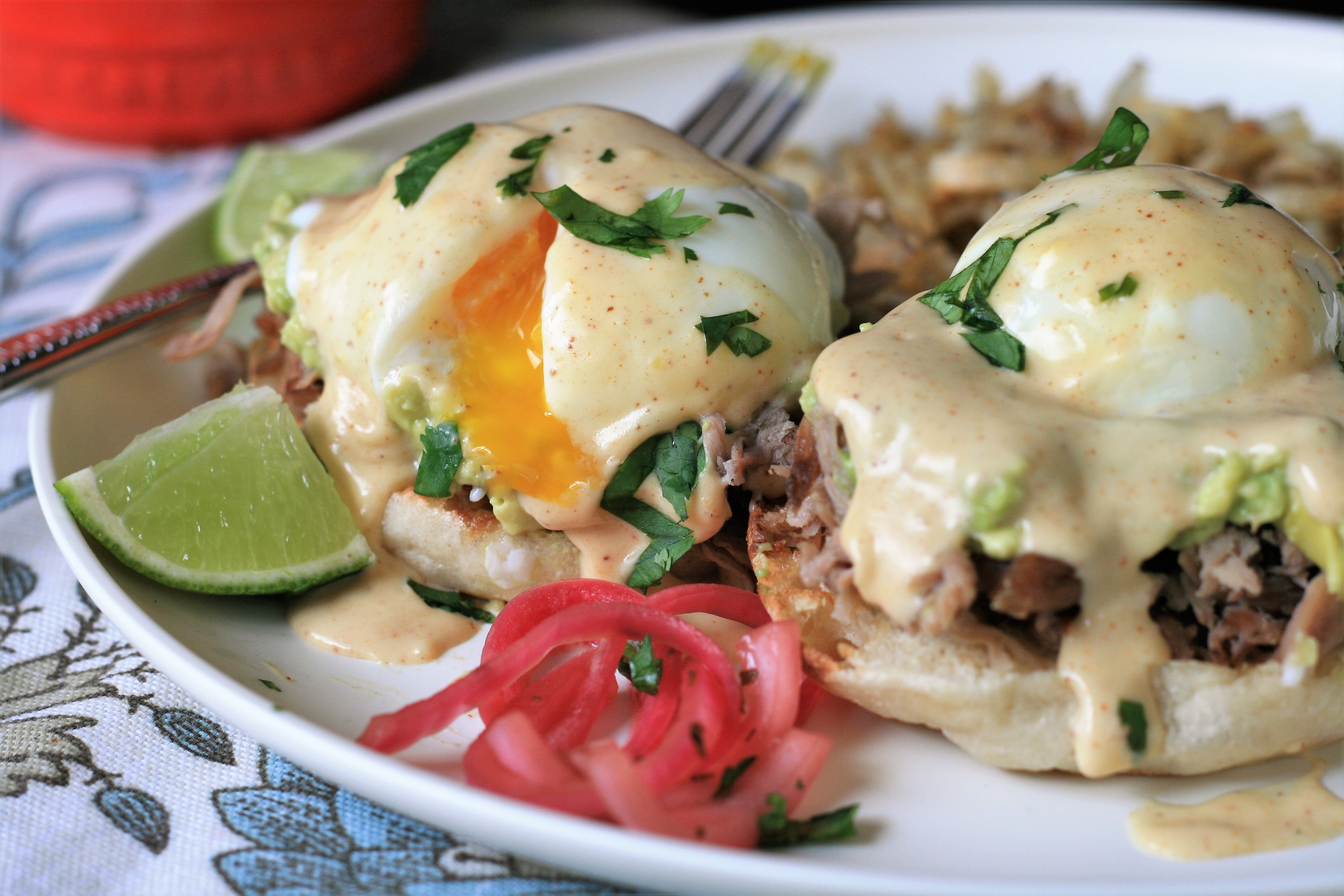 Carnitas Eggs Benedict with Chipotle Hollandaise