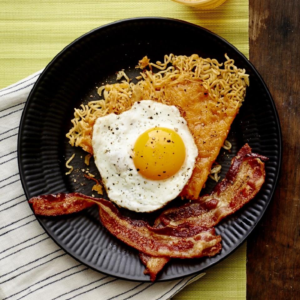 Cheddar Ramen Noodle Wedge with Fried Eggs