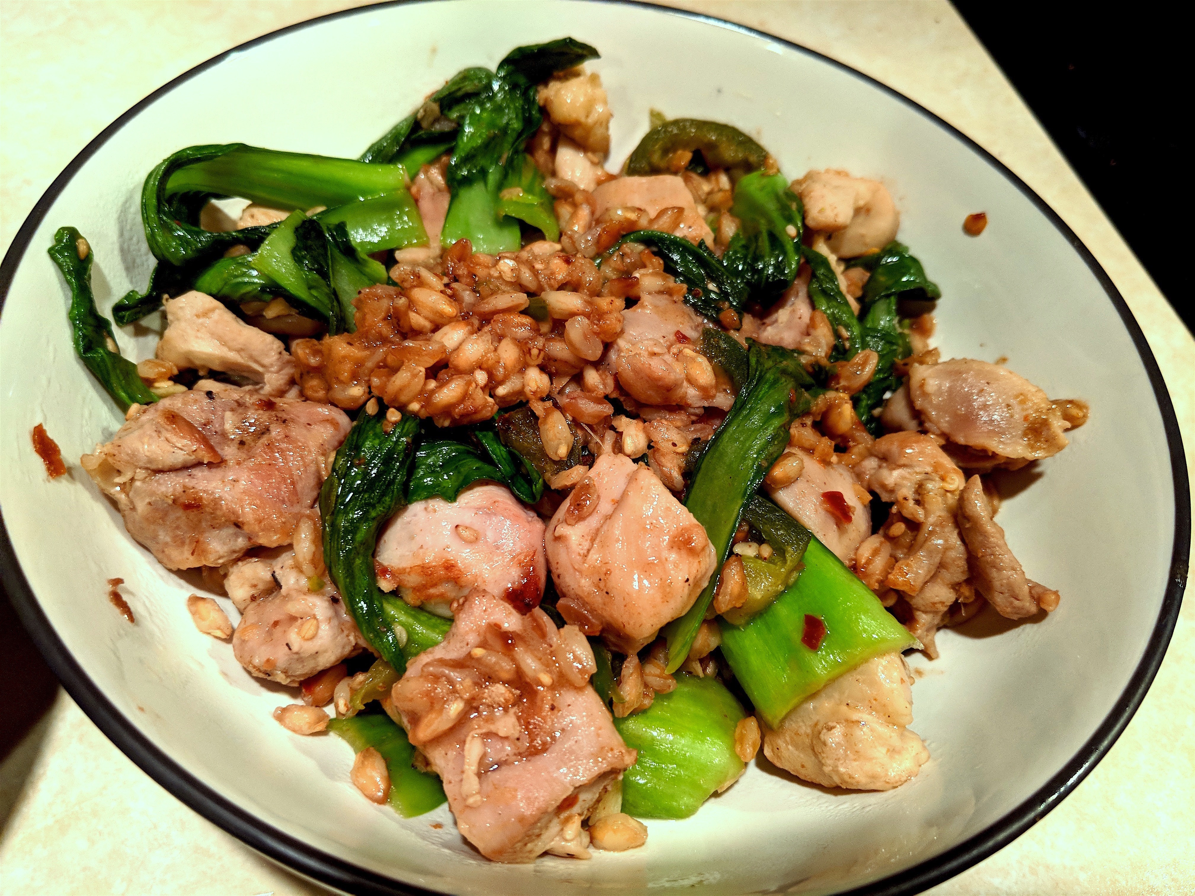 Chicken Thighs with Bok Choy and Farro