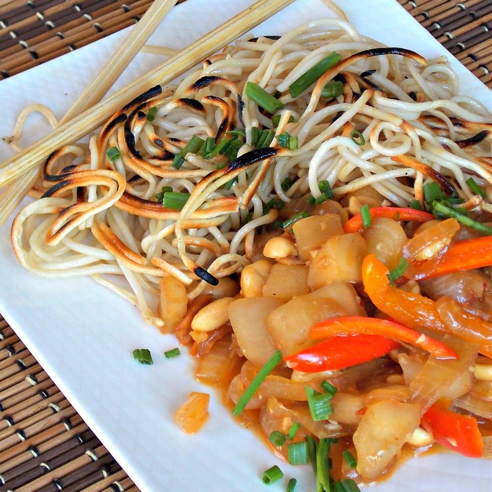 Crispy Chinese Noodles with Eggplant and Peanuts