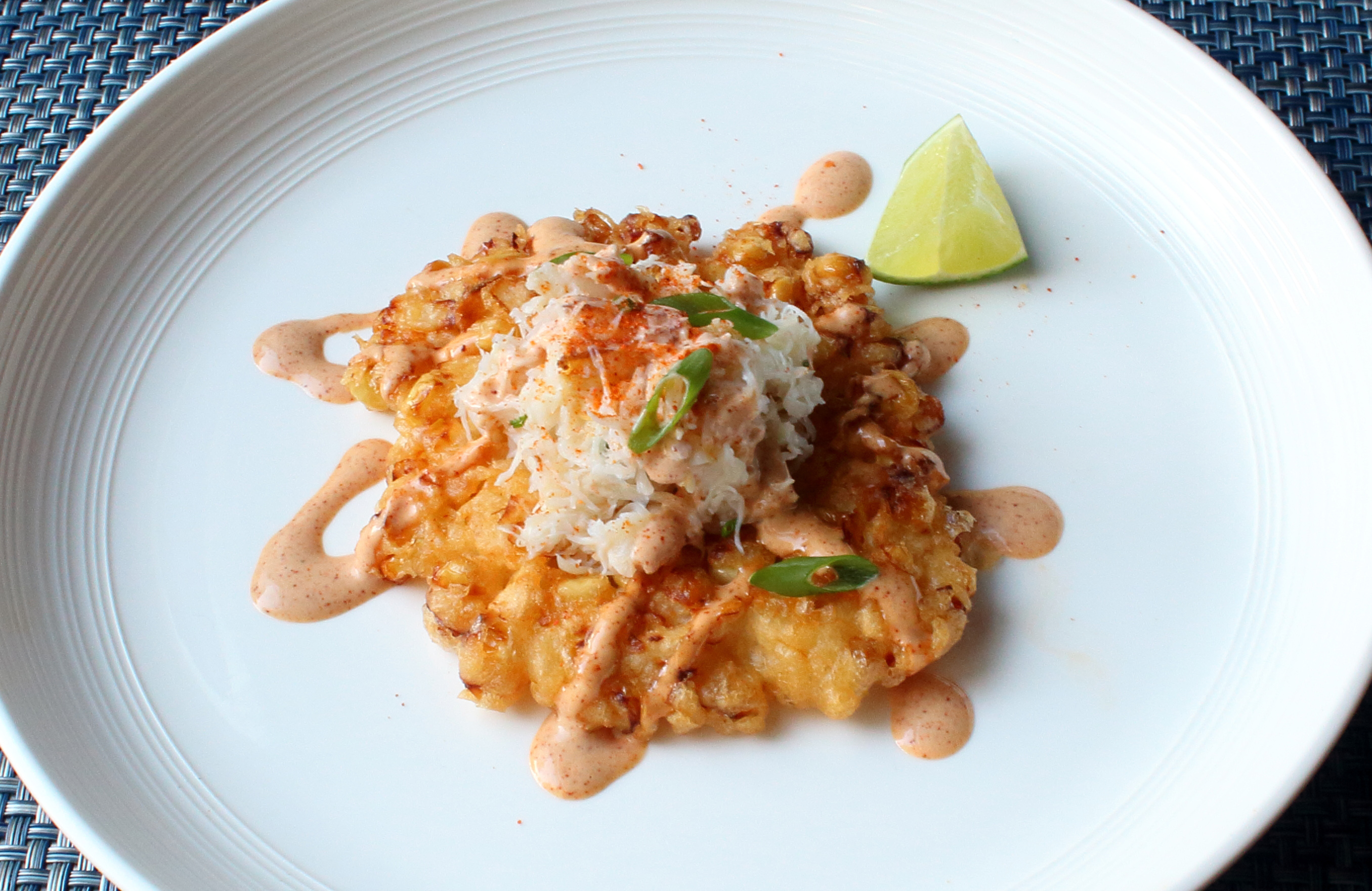 Crispy Fresh Corn Fritters with Crab and Chipotle Lime Dressing