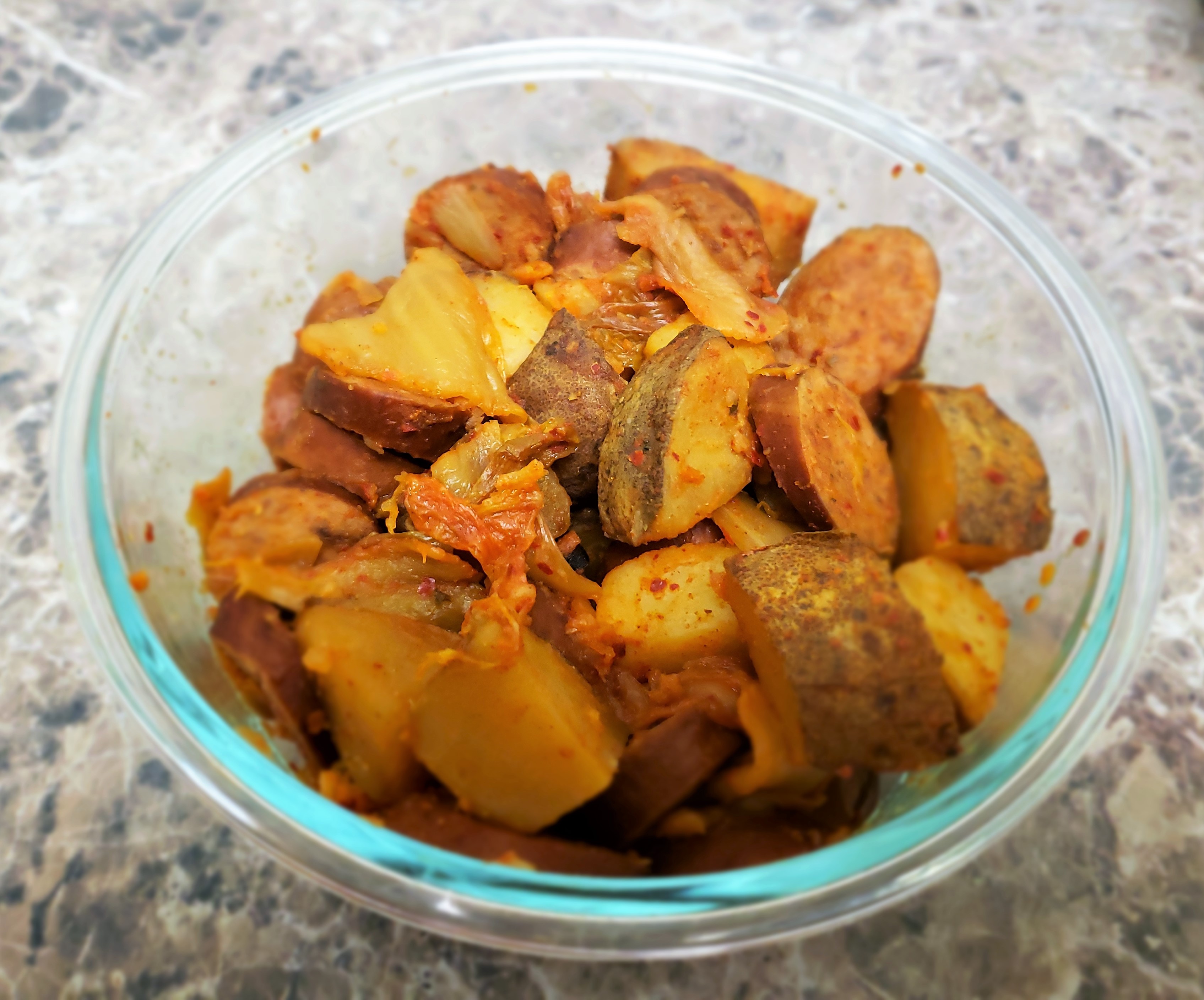 Easy Slow Cooker Turkey Sausage, Potatoes, and Kimchi
