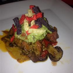 Filet Mignon with Bell Pepper Haystack and Fresh Guacamole Served with Corn Chips