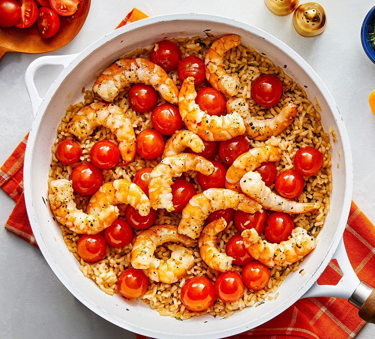 Garlic Shrimp & Rice with Blistered Cherry Tomatoes
