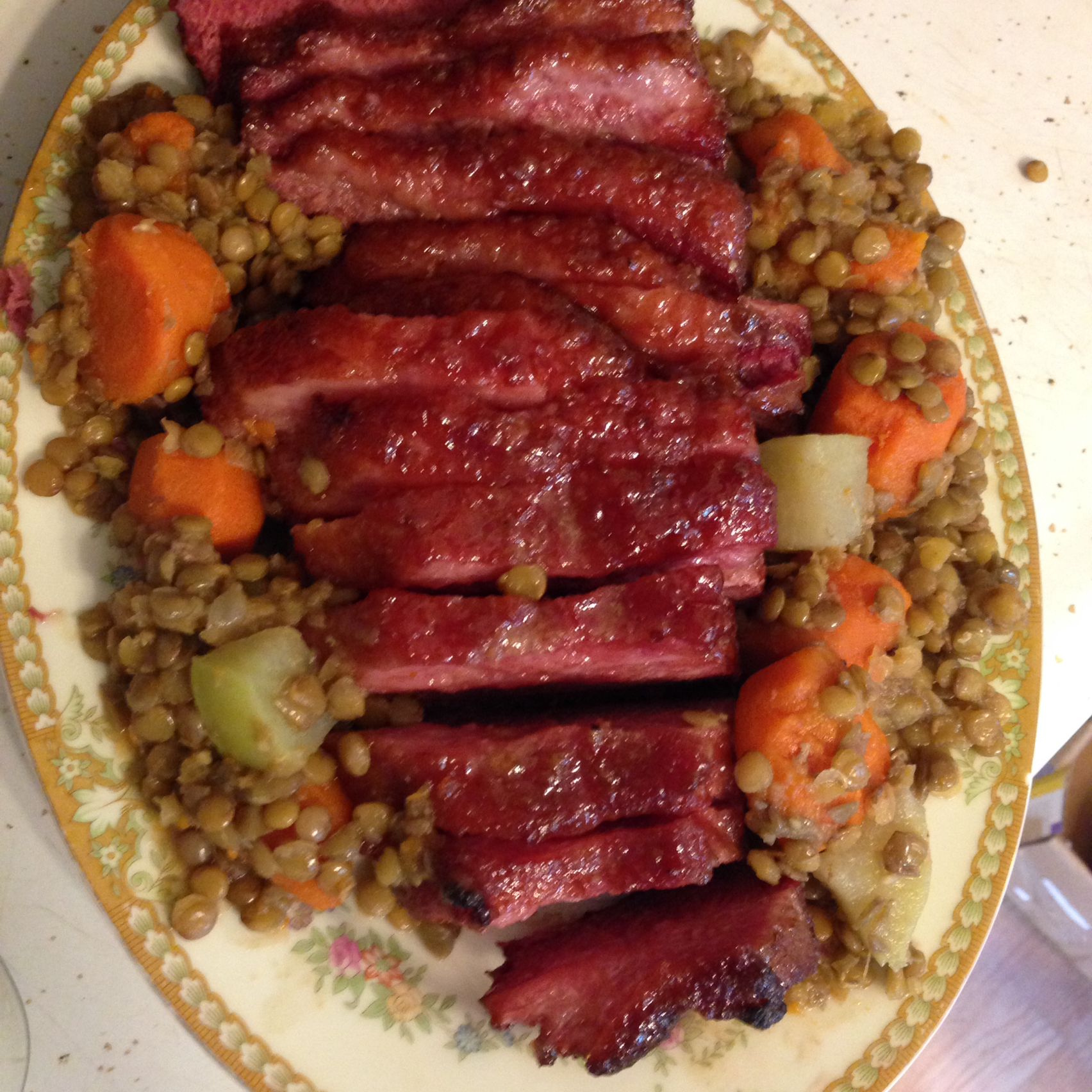 Glazed Corned Beef with Lentils