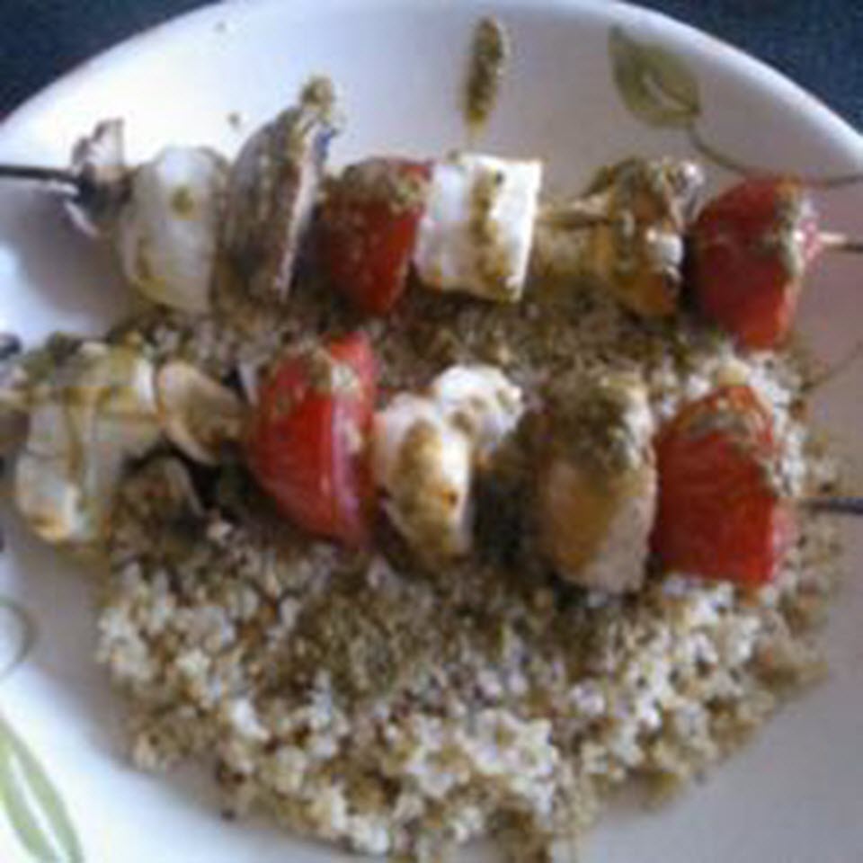 Grilled Halloumi and Mushroom Skewers with Quinoa and Pesto