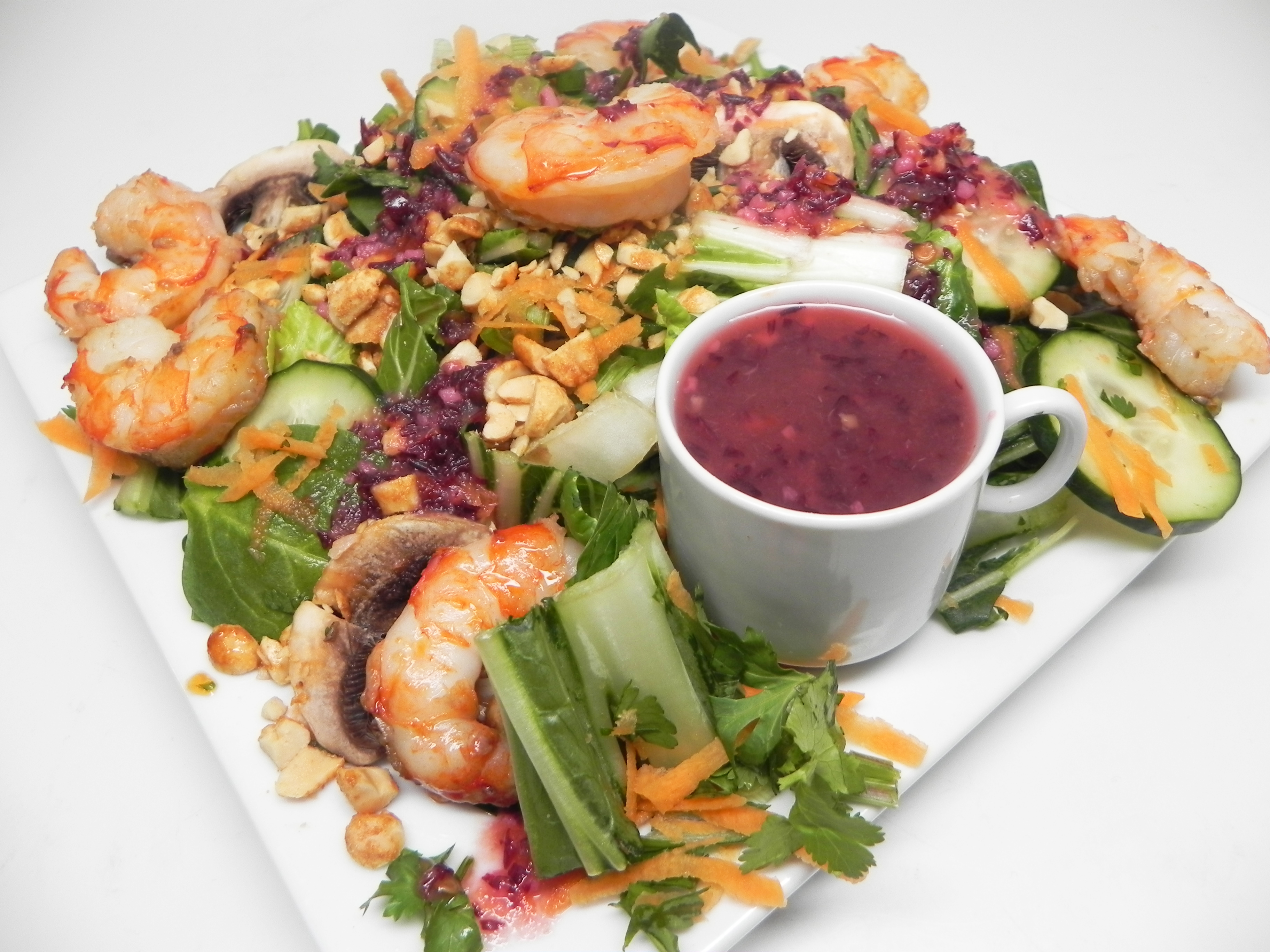 Grilled Shrimp, Pea Shoot, and Bok Choy Salad with Asian Reduced Fat Dressing