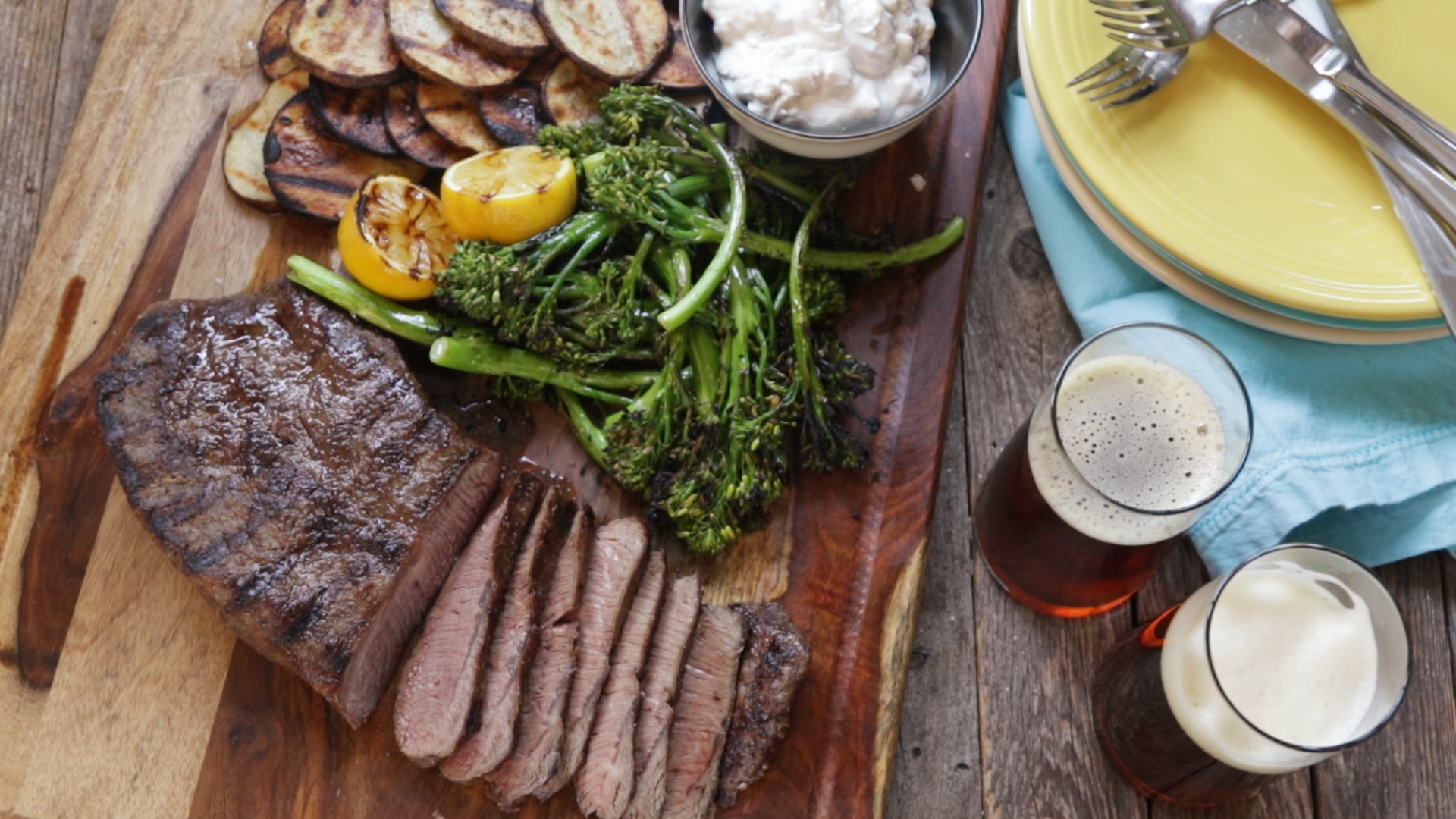 Grilled Steak with Blue Cheese, Potatoes, and Broccolini
