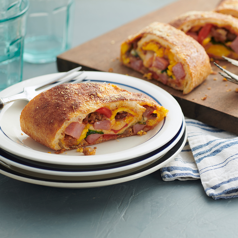 Ham and Sausage Breakfast Stromboli with Roasted Peppers and Spinach