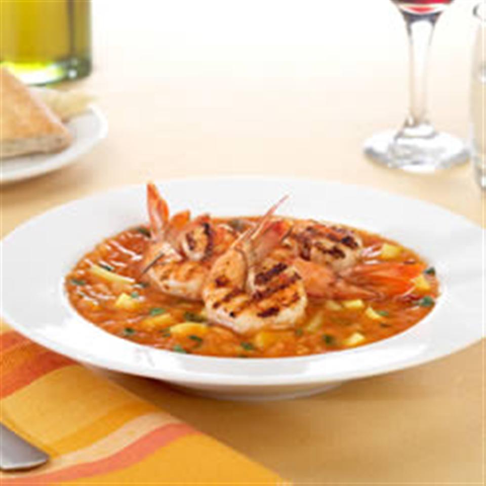 Icy Fruit Gazpacho with Spicy Grilled Shrimp