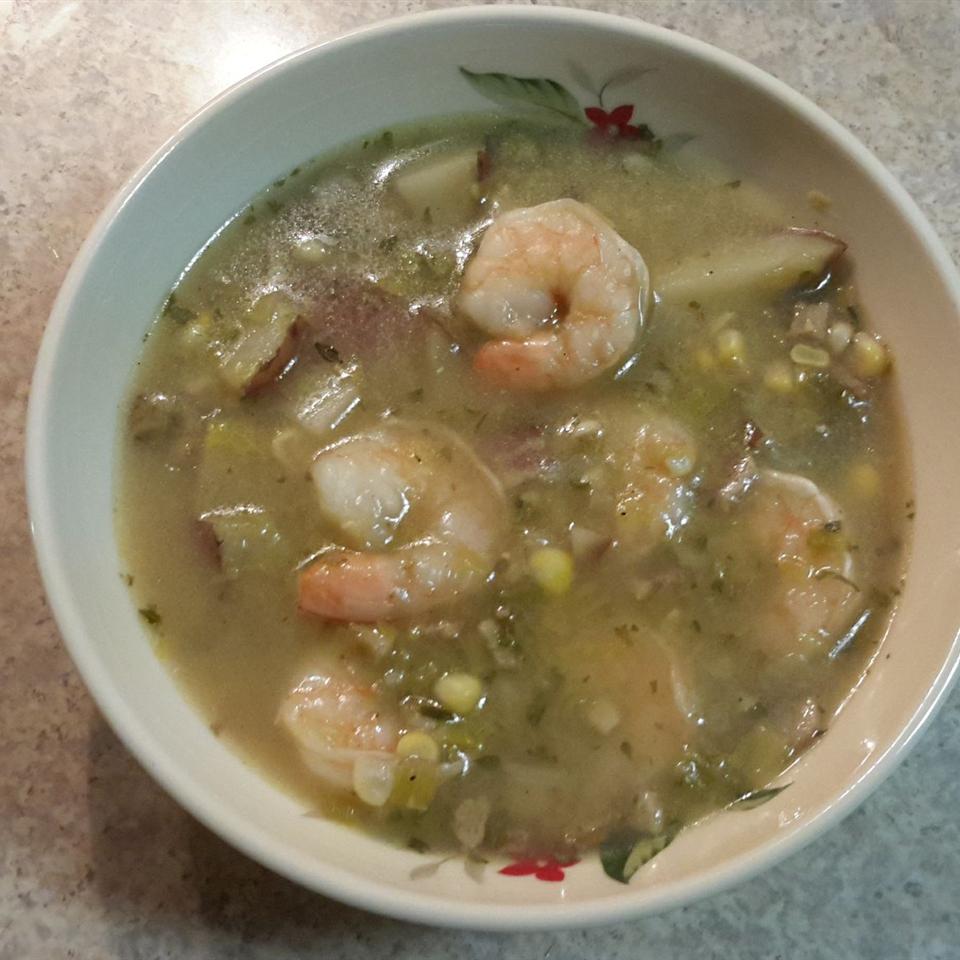 Leek and Potato Soup with Shrimp and Corn