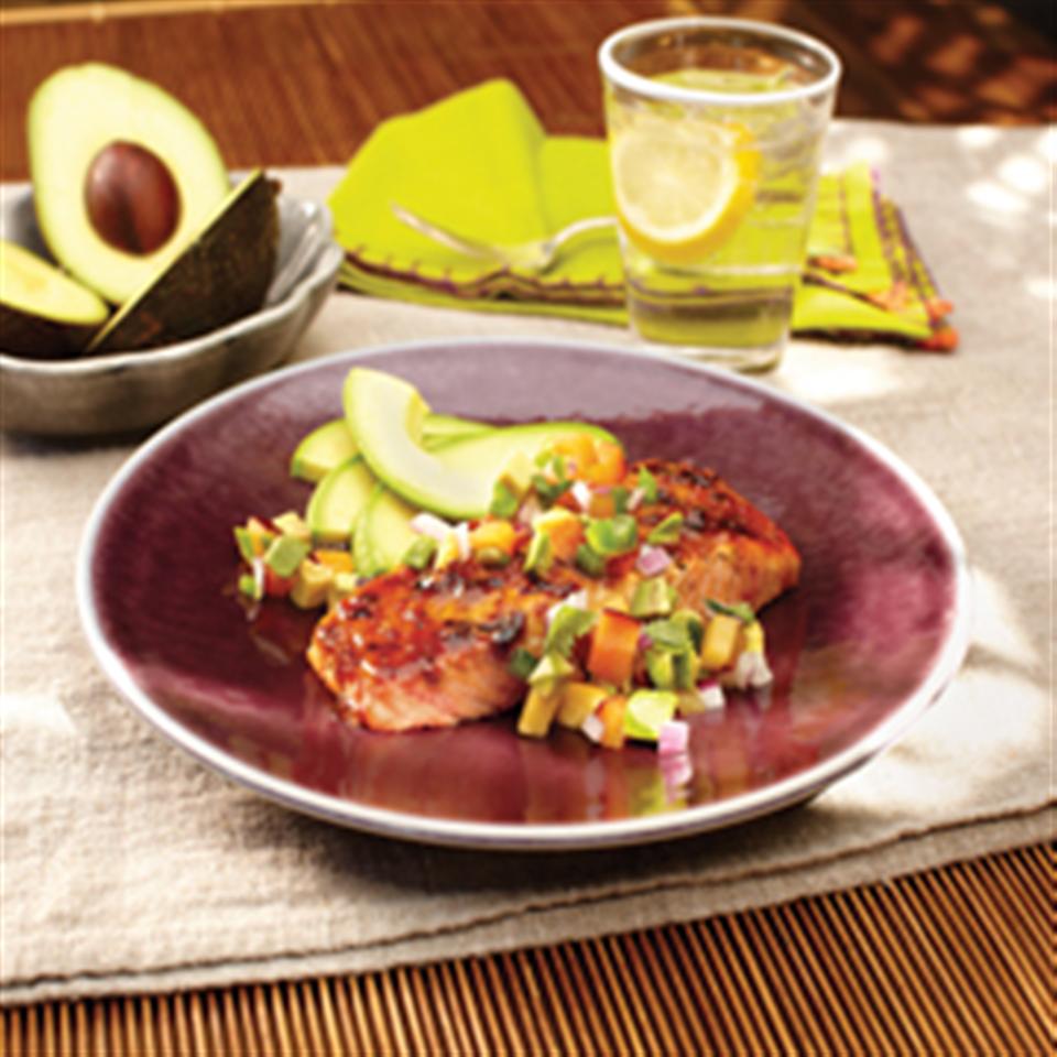 Marinated Grilled Salmon with Avocado and Stone Fruit Salsa