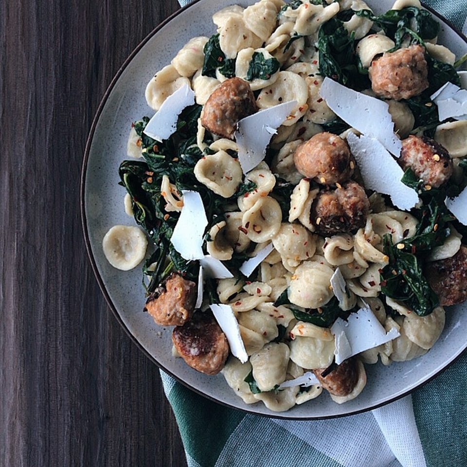 Orecchiette with Spinach and Turkey Meatballs