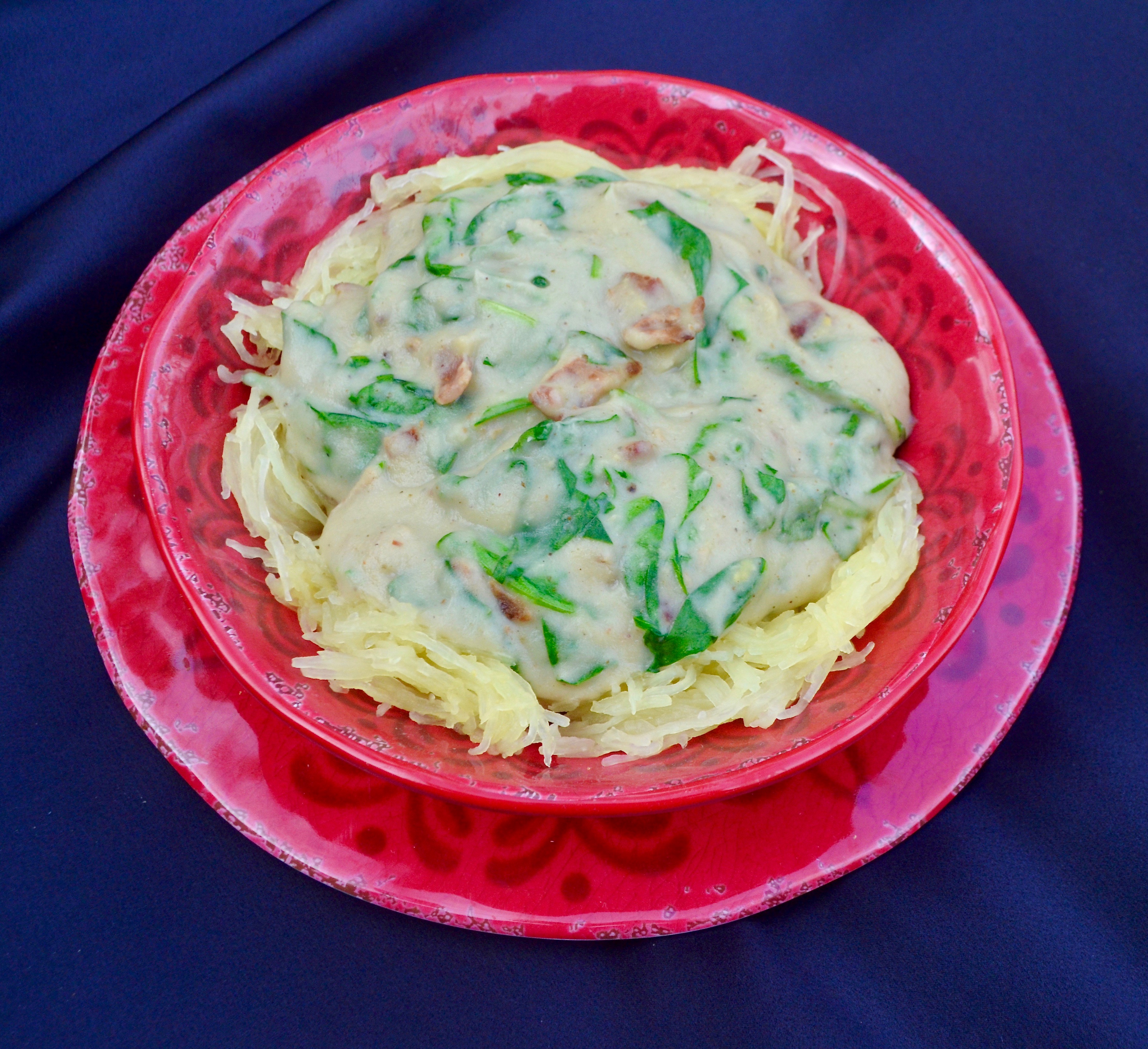 Paleo Spaghetti Squash with Spinach and Bacon Cream