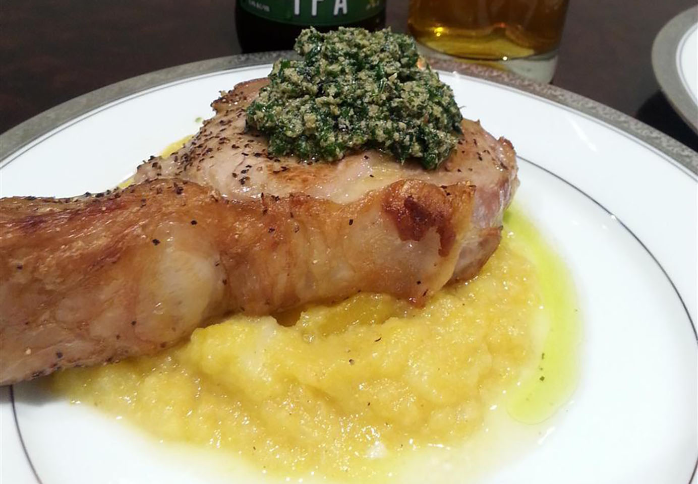 Pan-Seared Veal Chop with Roasted Kale Pesto and Butternut Squash and Parsnip Puree