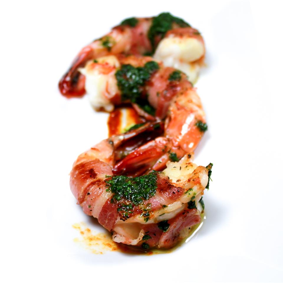 Pancetta Wrapped Shrimp with Chipotle Vinaigrette and Cilantro Oil