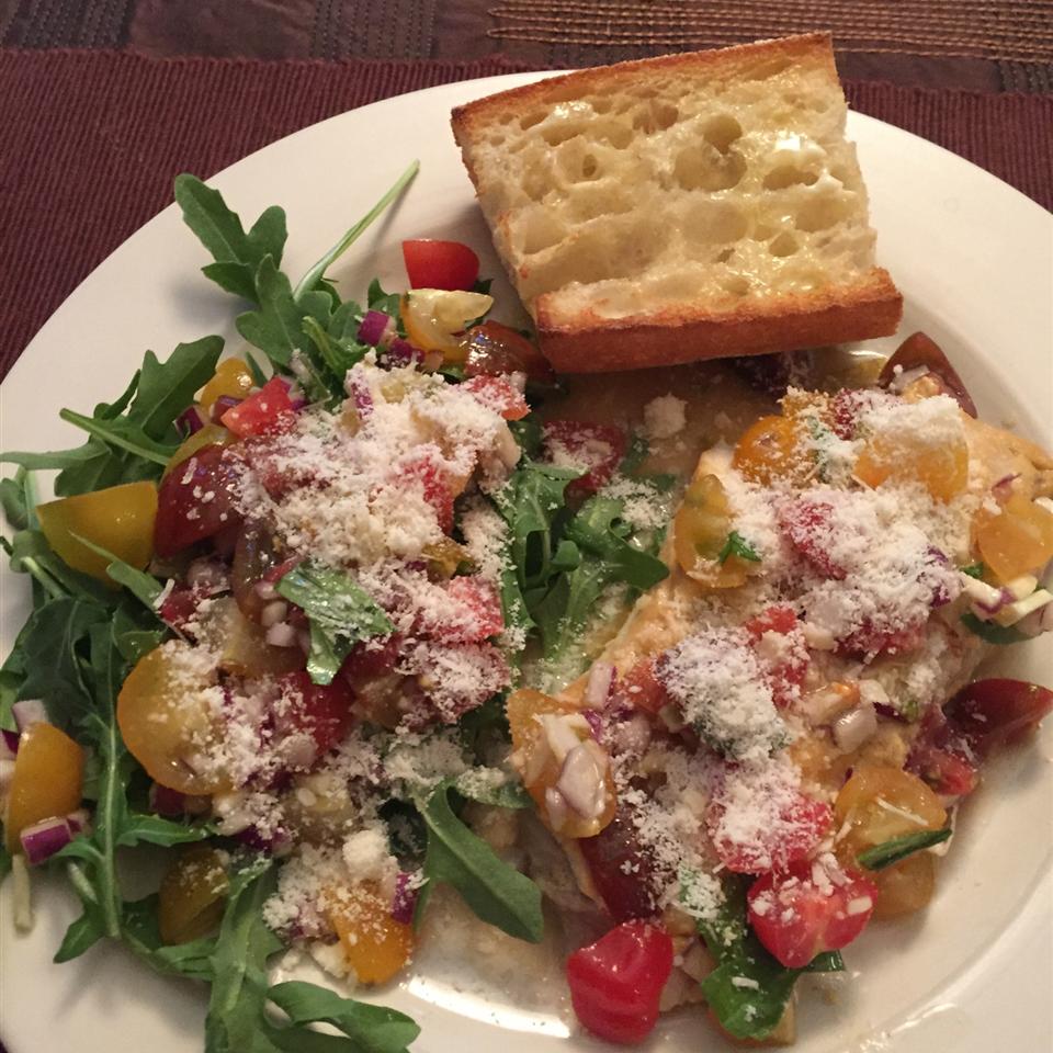 Parmesan Black Cod with Arugula and Tomato Topping