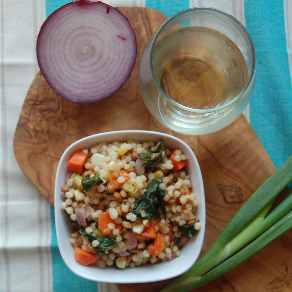 Pearl Couscous with Lentils, Carrots, Spinach, and Corn