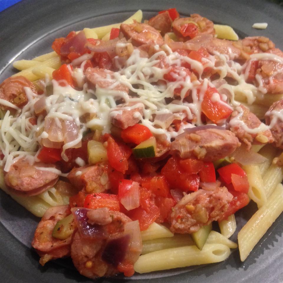 Penne, Peppers, and Chicken-Apple Sausage Saute