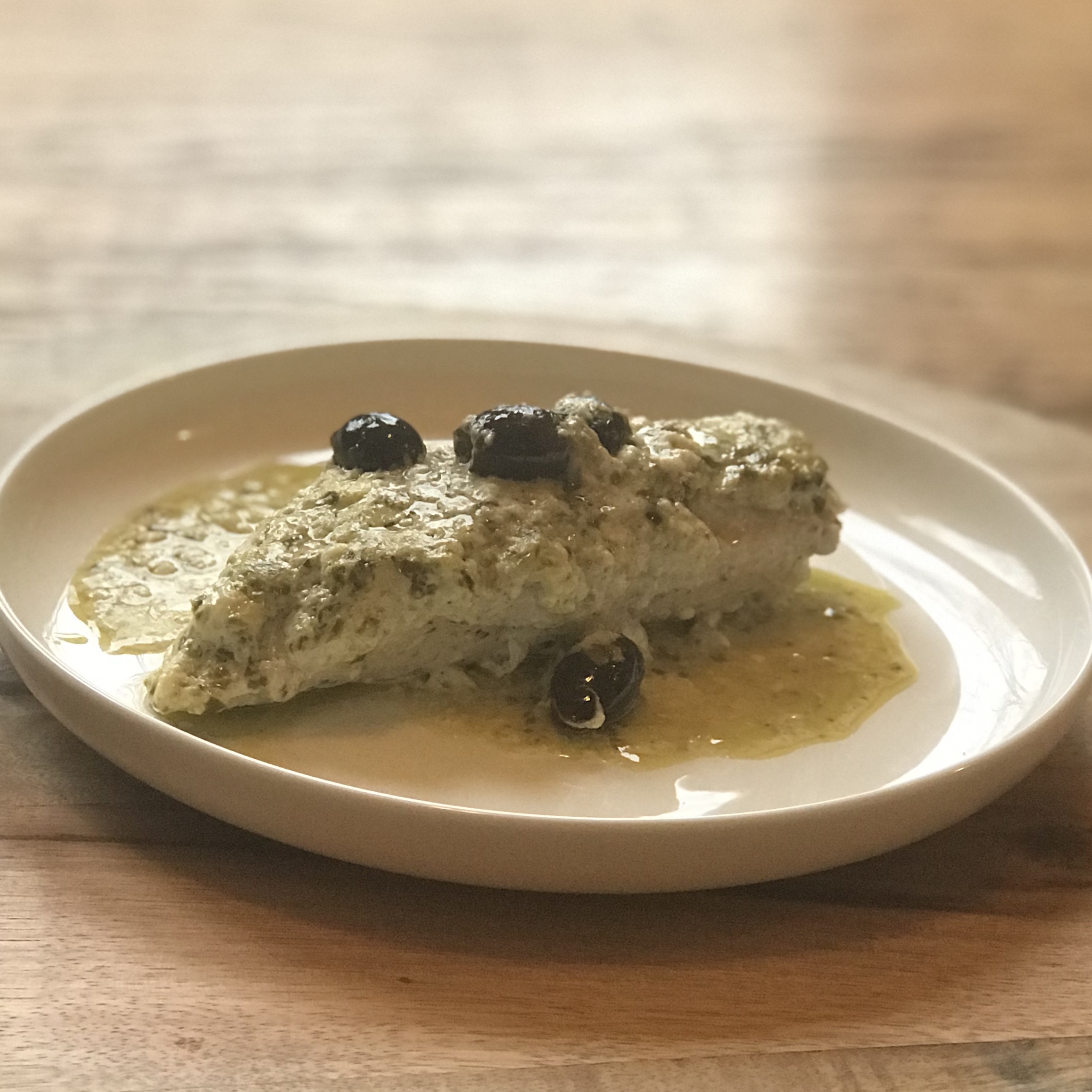 Pesto Chicken Casserole with Feta Cheese and Olives