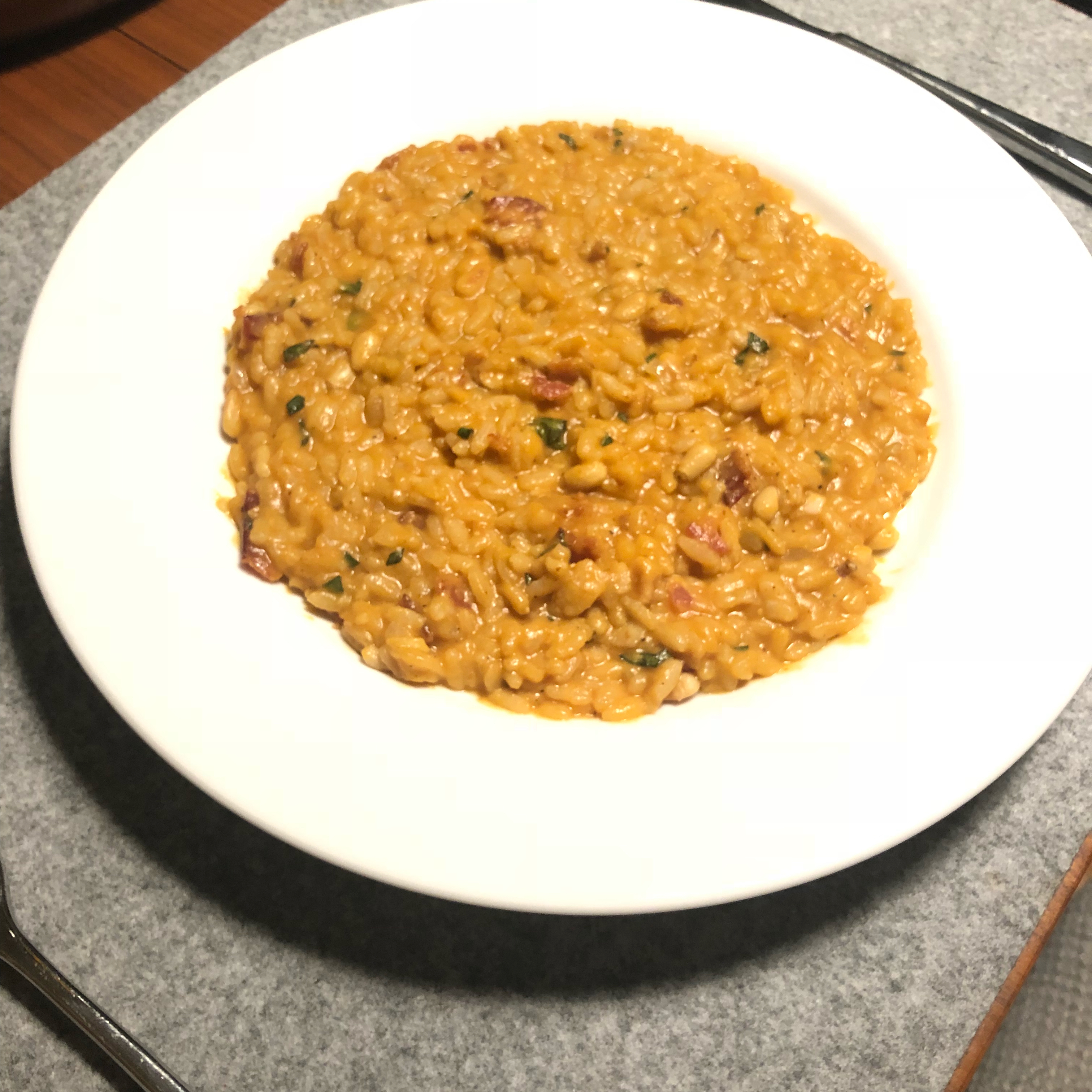 Pumpkin Risotto with Bacon and Pine Nuts