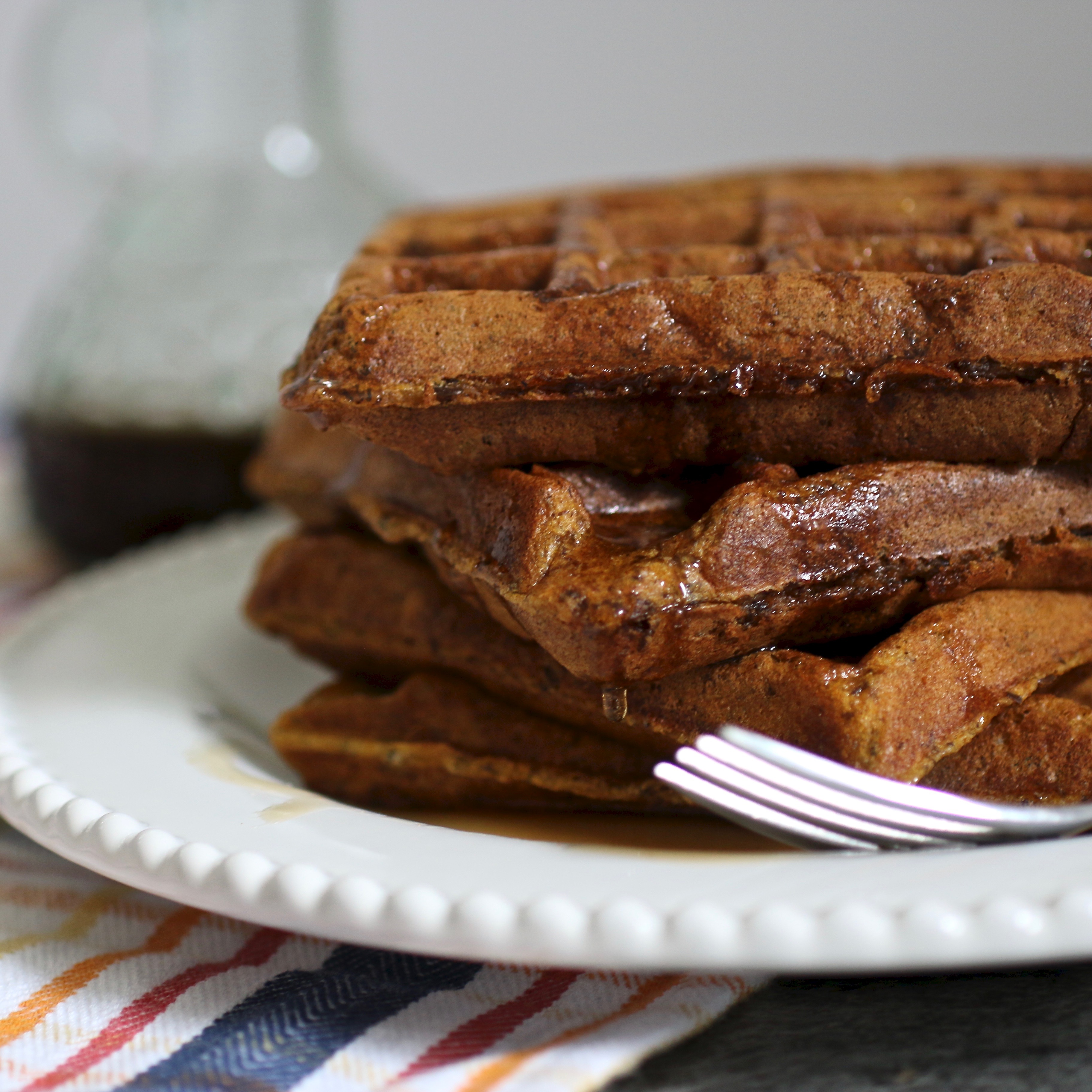 Pumpkin Waffles with Spiced Maple Syrup