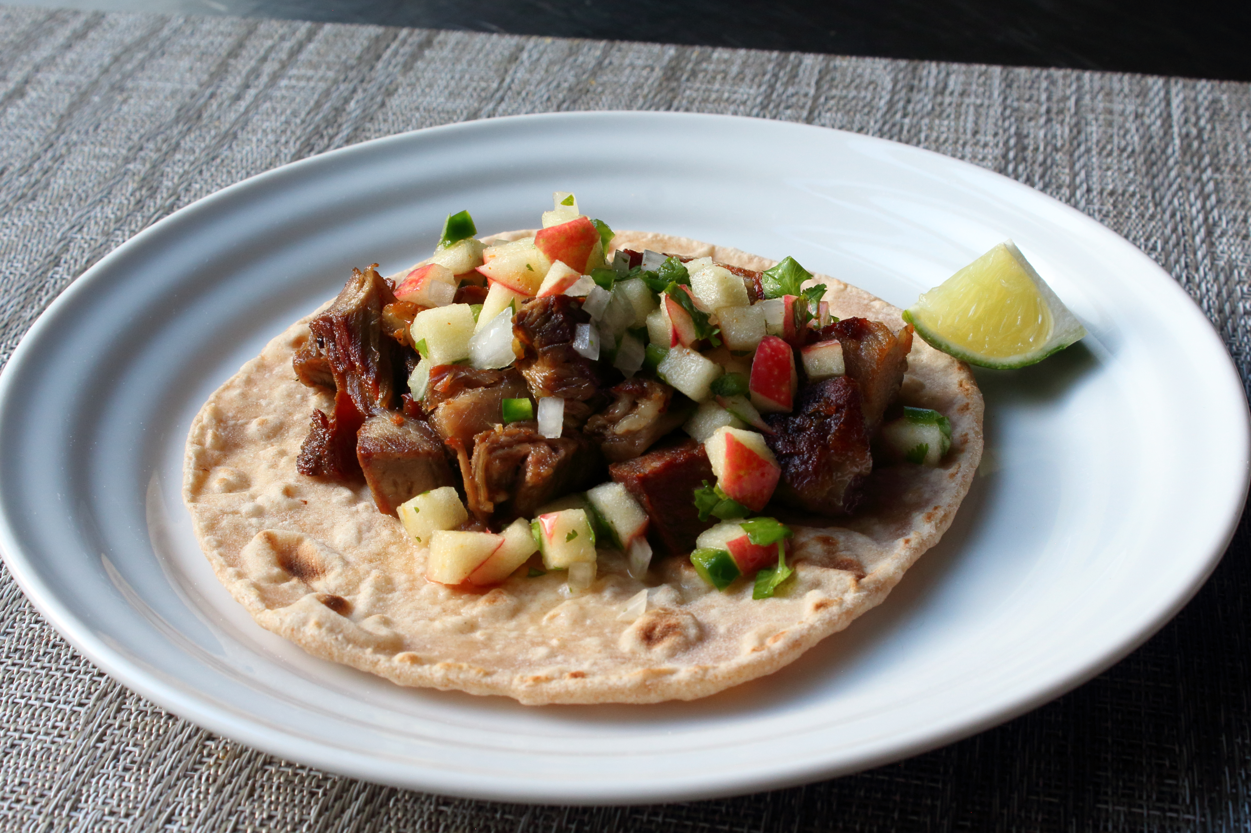 \"Plastered\" Pork Tacos with Apple-Jalapeno Salsa