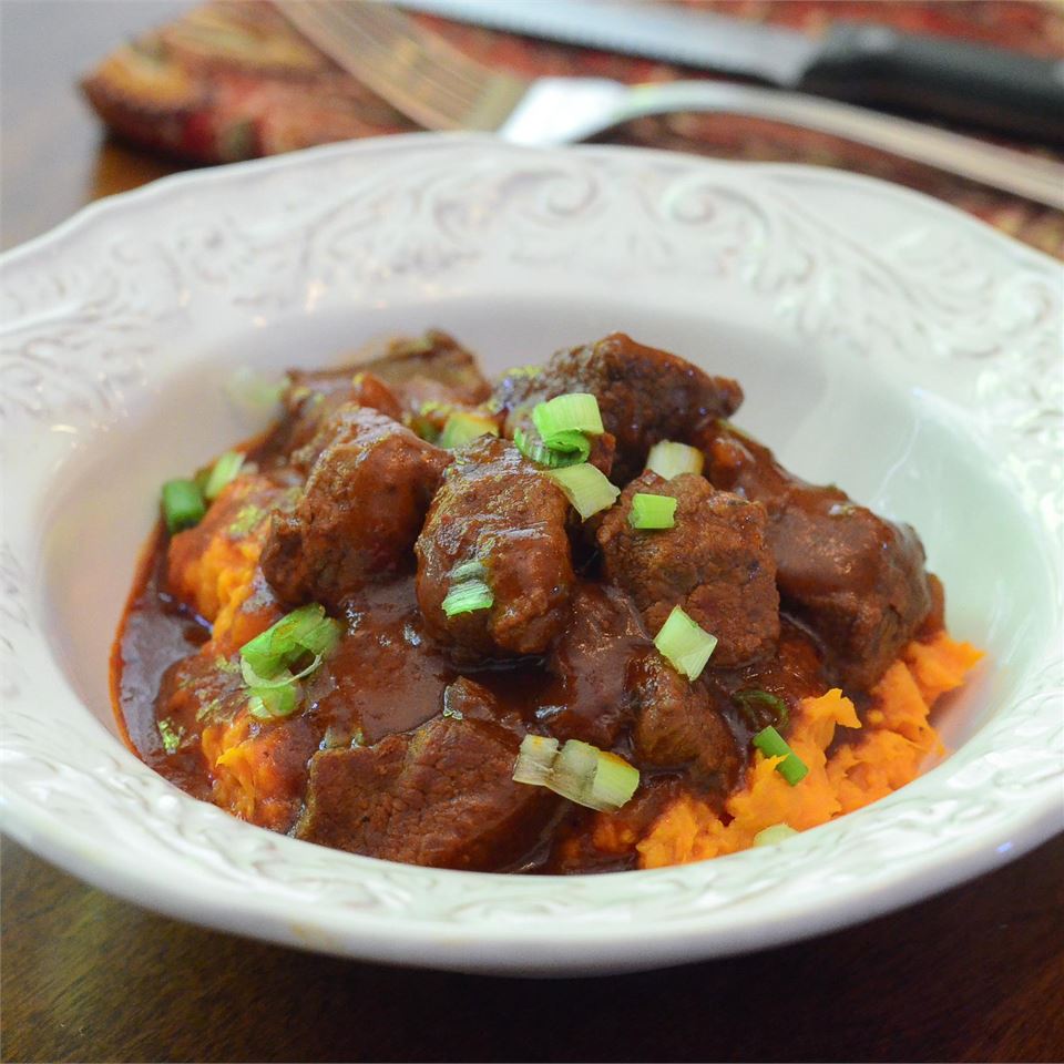 Red Chile Braised Beef Stew over Mashed Sweet Potatoes