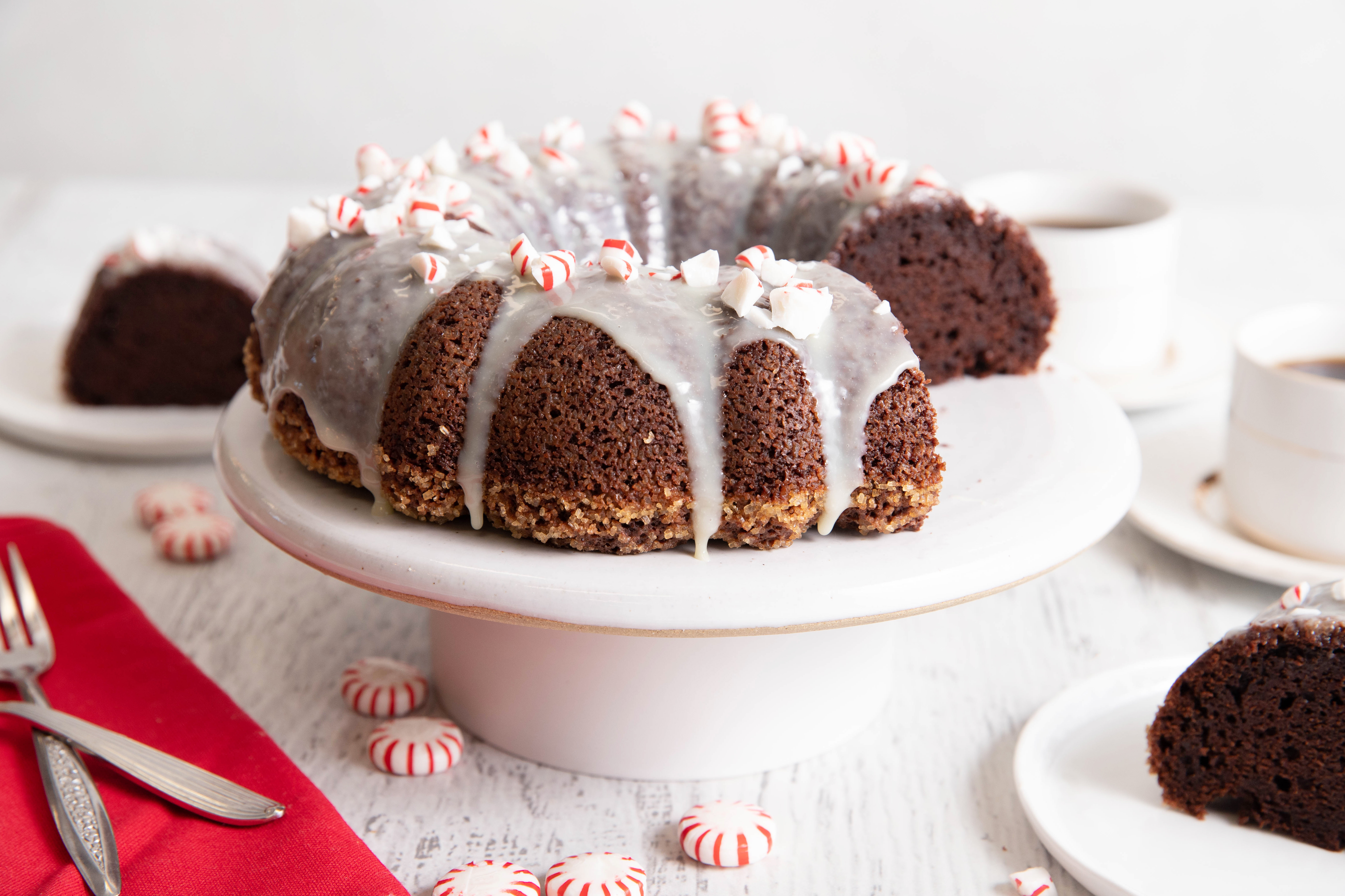 Reduced-Sugar Chocolate Bundt® Cake with Peppermint Glaze