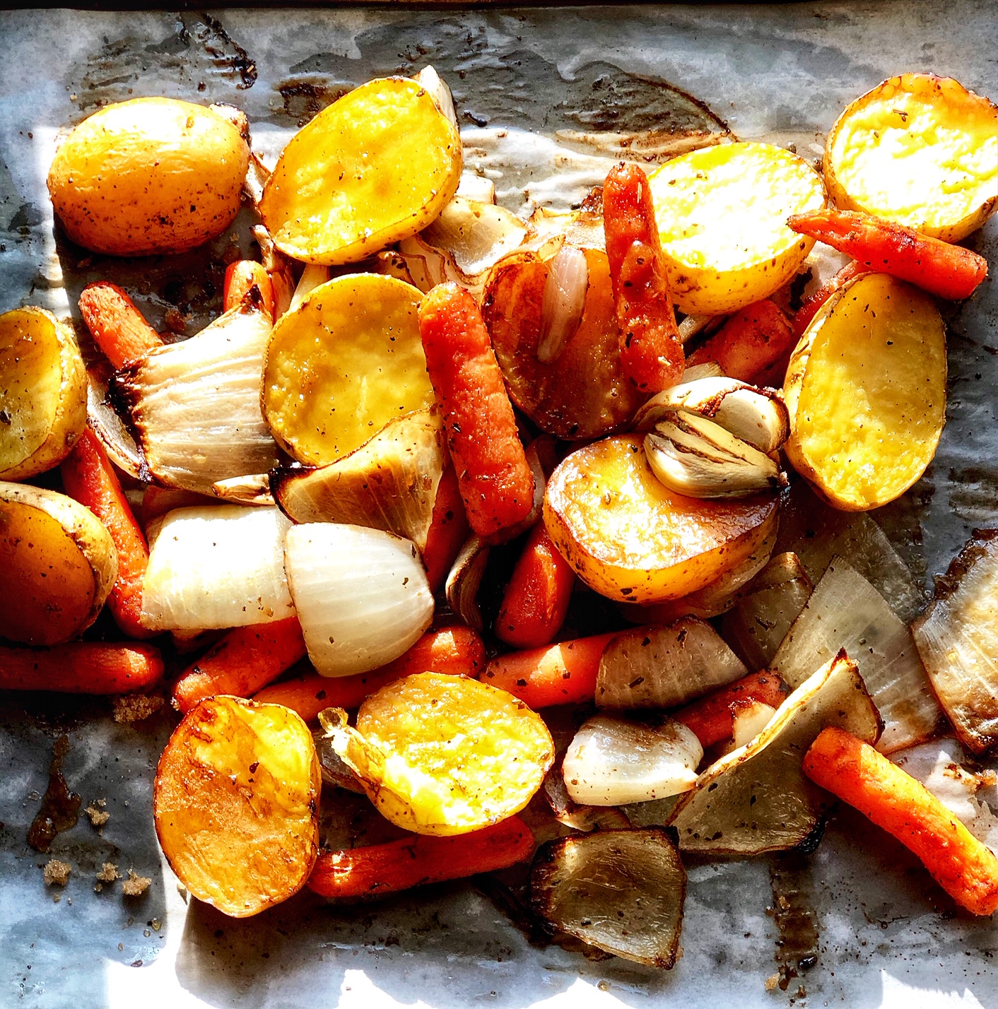 Roasted Potatoes, Onions, and Carrots with Brown Sugar and Balsamic Vinegar