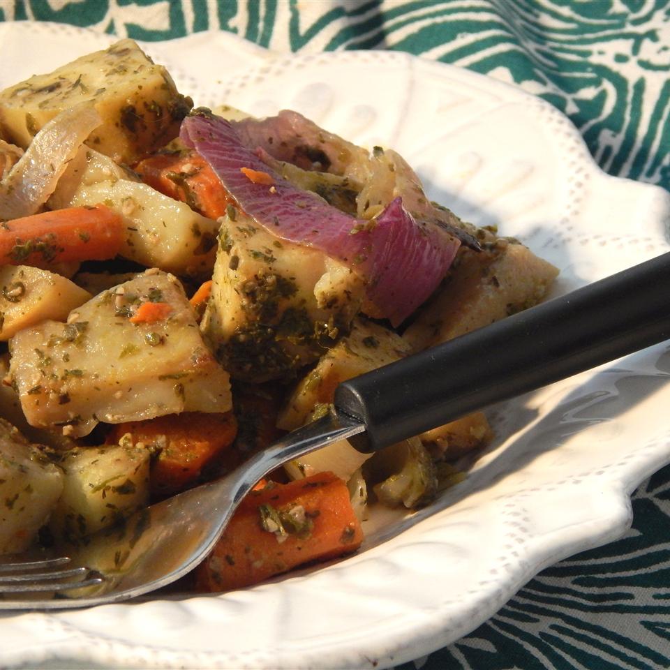 Root Vegetables Baked in Pesto Sauce