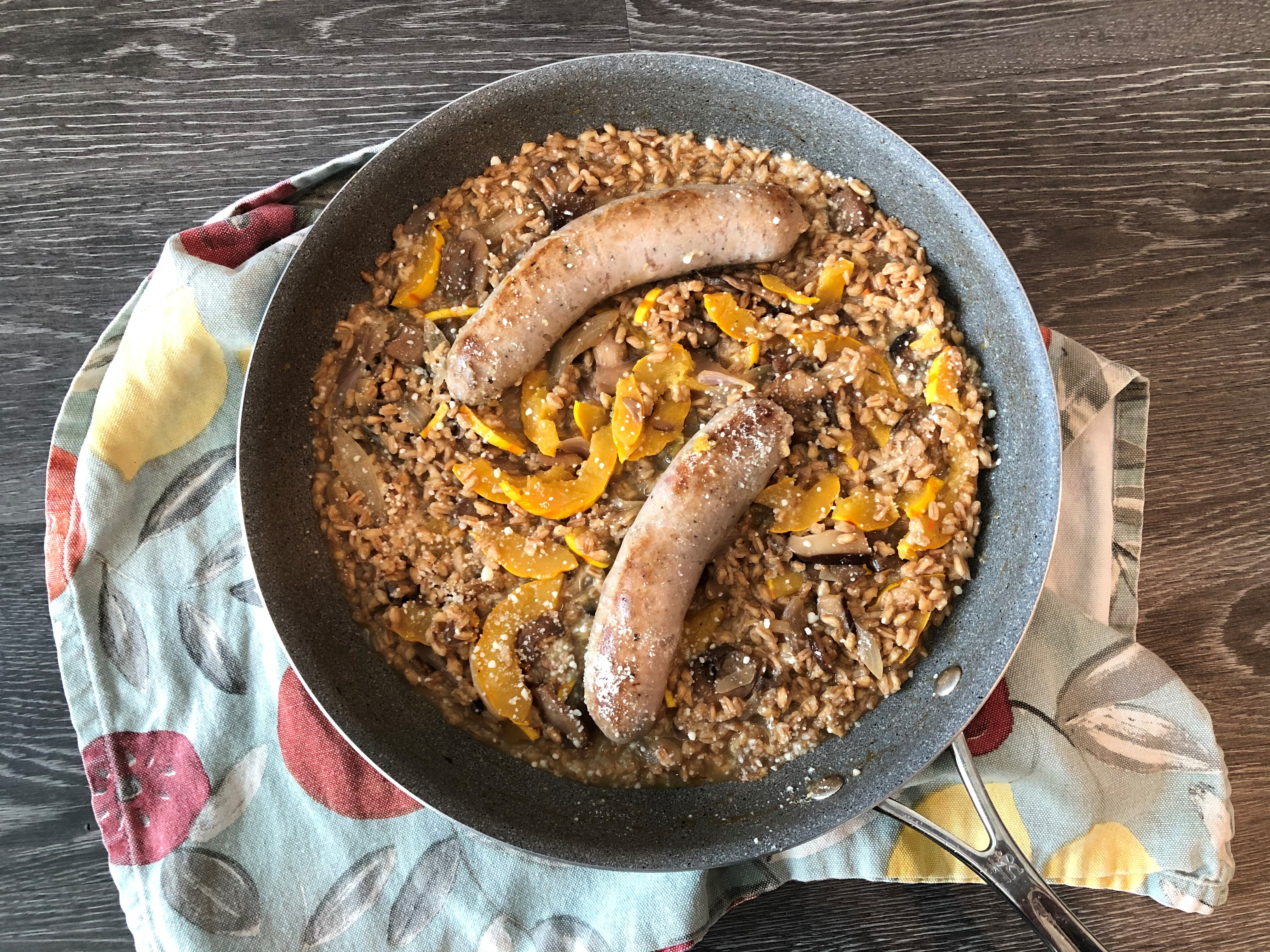 Sausage and Farro Skillet with Mushrooms and Delicata Squash