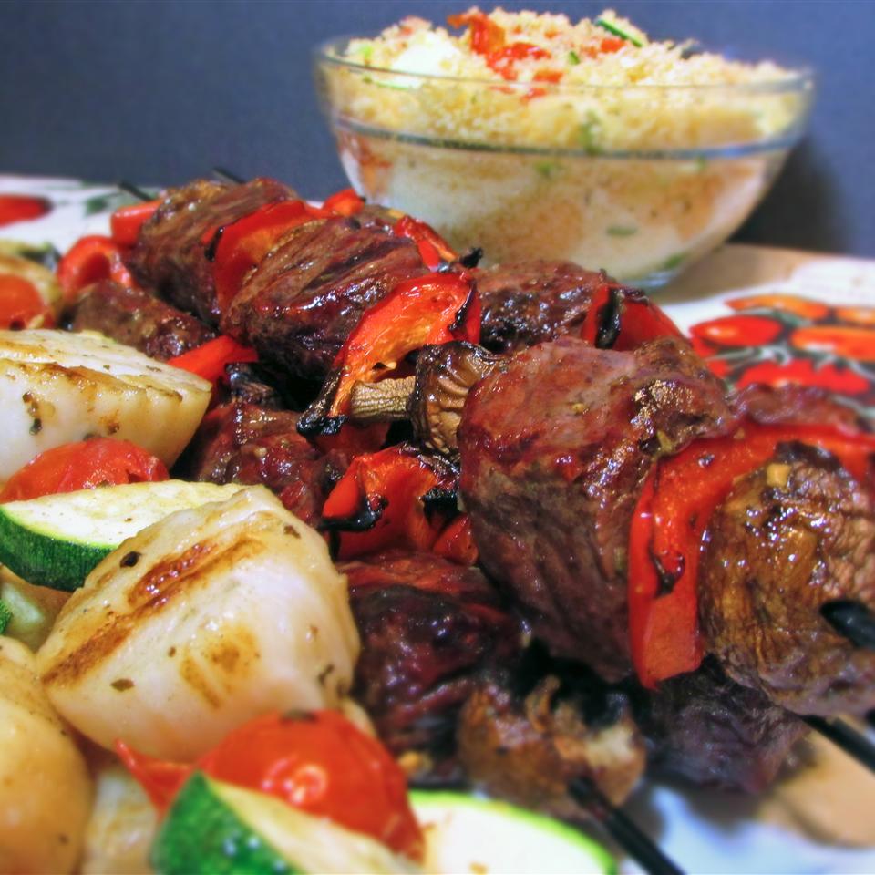 Sea-and-Shore Bison Kabobs with Mediterranean Couscous Salad