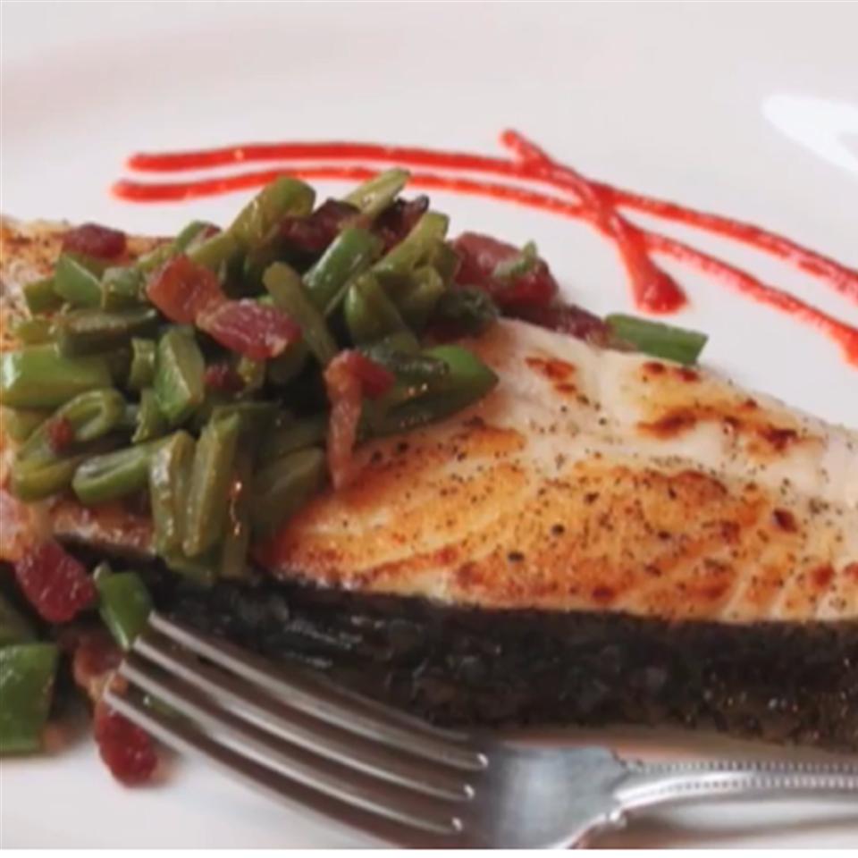 Seared Halibut with Bacon and Bean Relish