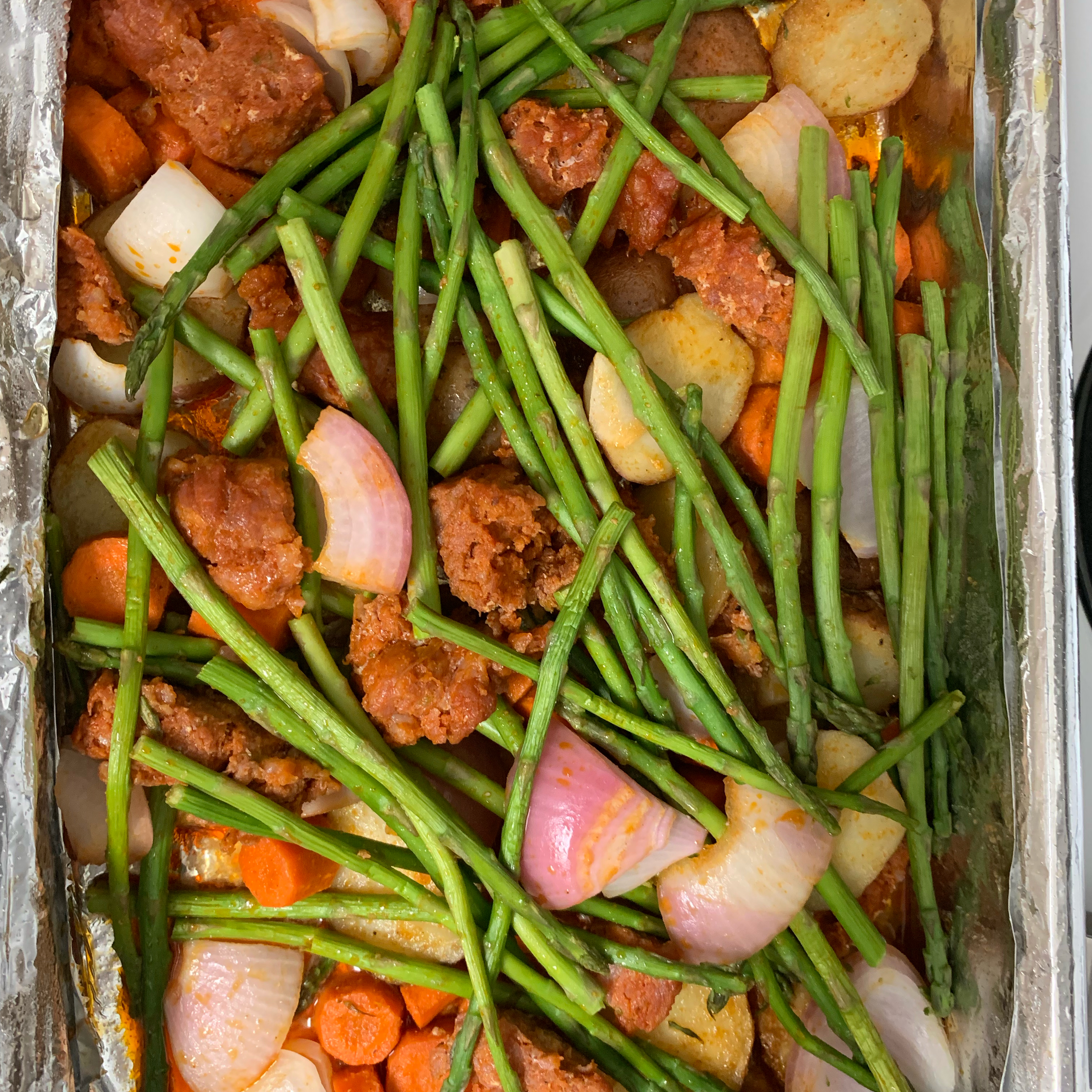 Sheet Pan Chorizo with Potatoes and Asparagus for Two