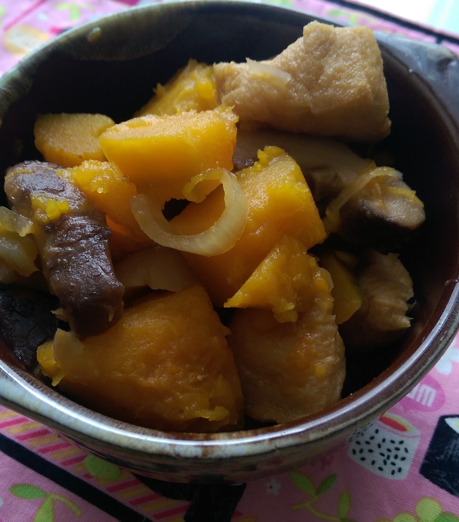 Simmered Kabocha Pumpkin and Fried Tofu with Sweet Soy Sauce