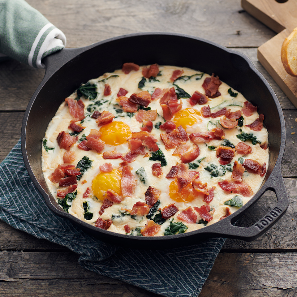 Skillet Baked Eggs with Bacon Alfredo Sauce