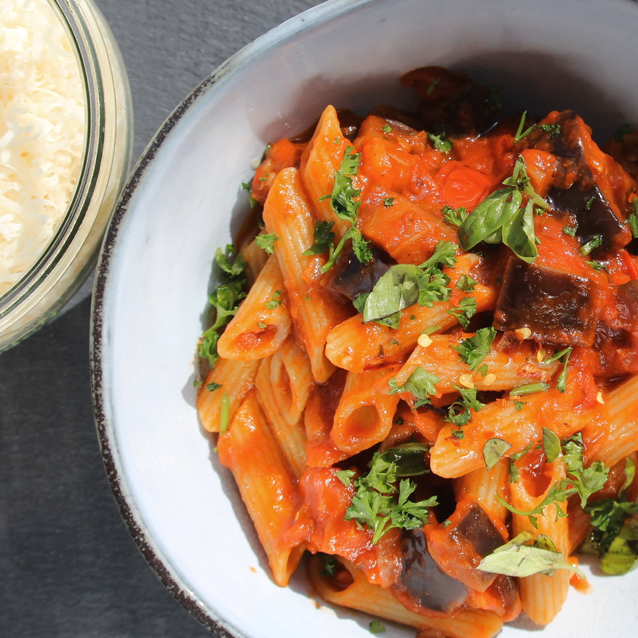 Spicy Eggplant and Pasta with Pancetta