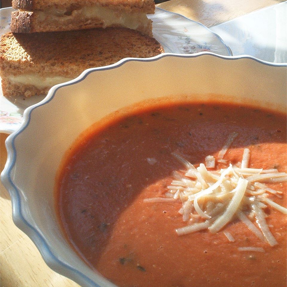 Spicy Tomato Bisque with Grilled Brie Toast