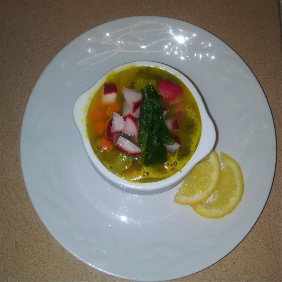 Spinach and Vegetable Soup with Radishes
